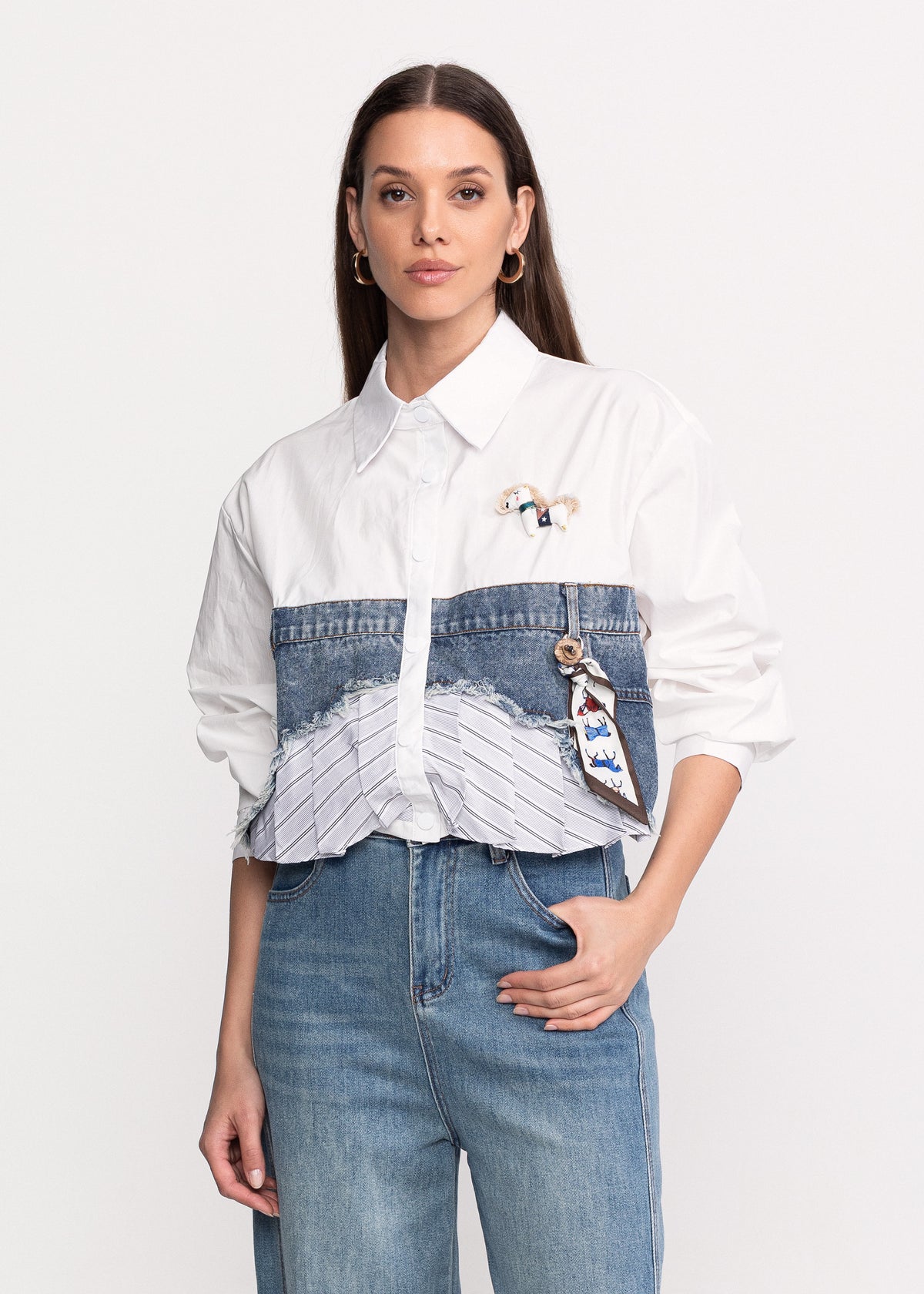 Shirt with Jean Accents and Decorative Scarf
