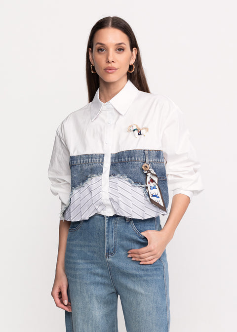 Shirt with Jean Accents and Decorative Scarf