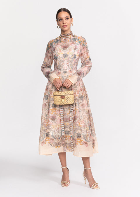 Rochie Midi cu imprimeu floral delicat, croiala ampla si maneci lungi