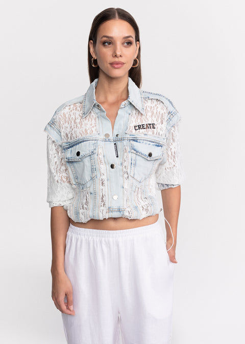 Jacheta din dantela cu accente denim, guler clasic si inchidere cu nasturi