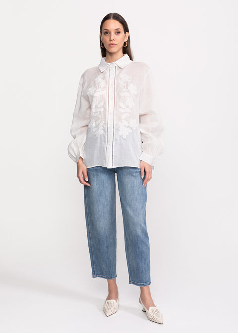 Elegant Linen Shirt with Embroidered Floral Details