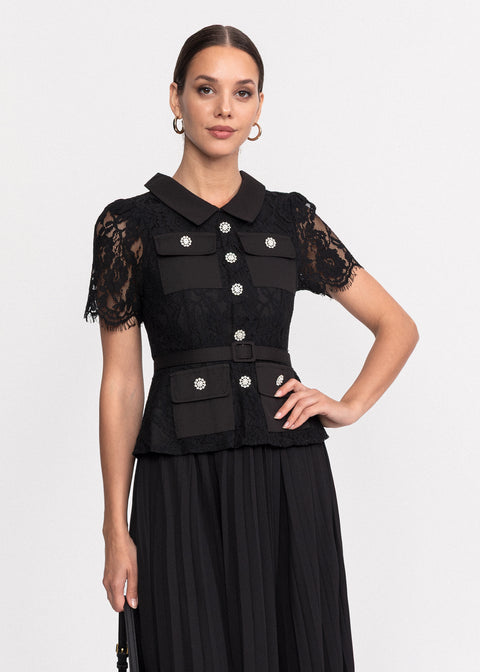 Rochie midi din dantela cu guler clasic si maneci scurte