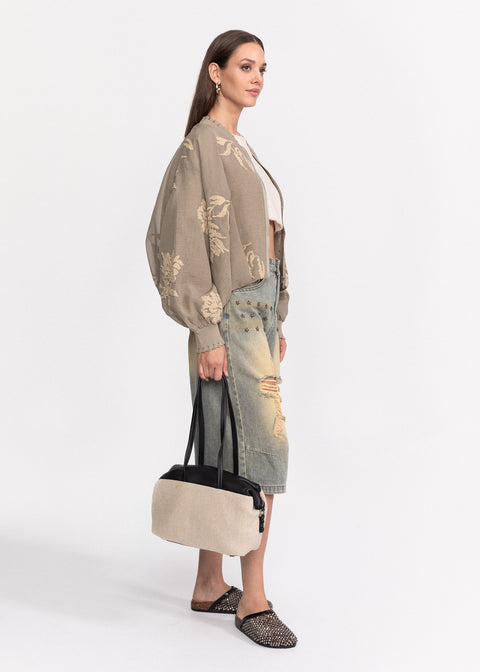 Jacheta bomber cu broderii florale bej
