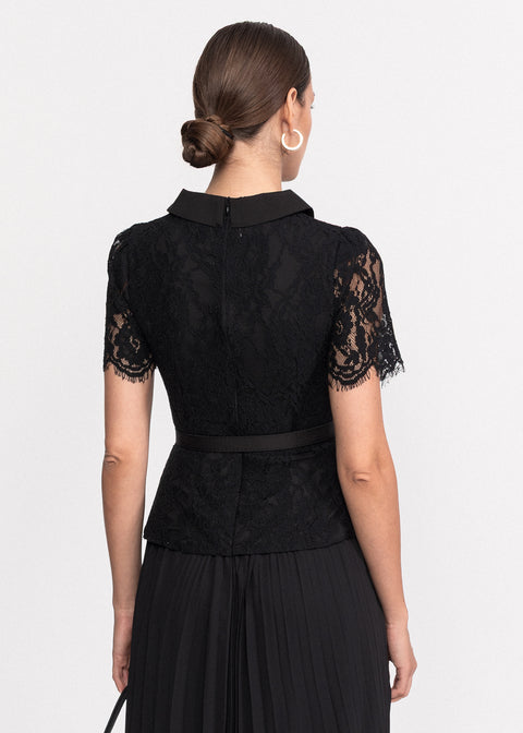 Rochie midi din dantela cu guler clasic si maneci scurte