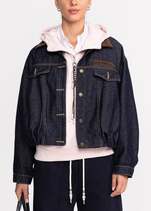 Geaca denim cu guler maro texturat 88296