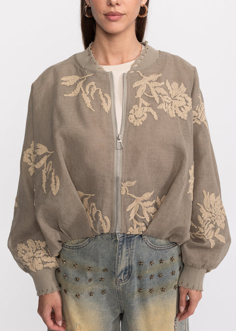 Jacheta bomber cu broderii florale bej