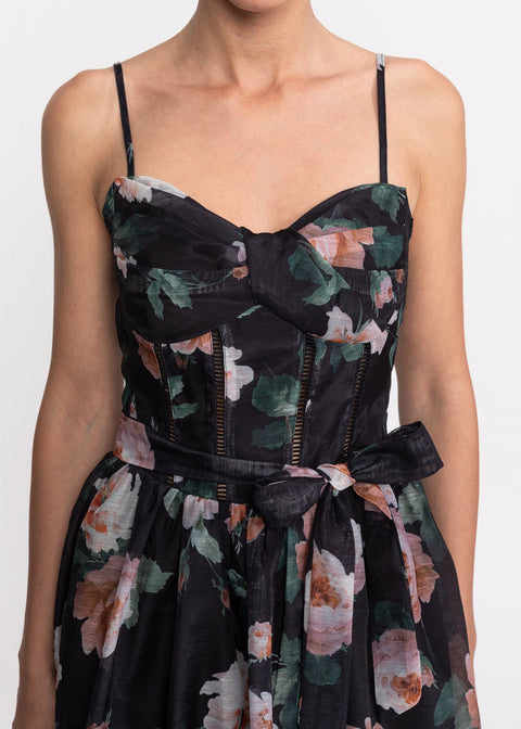 Rochie Scurta cu imprimeu floral, bretele subtiri si cordon pentru talie