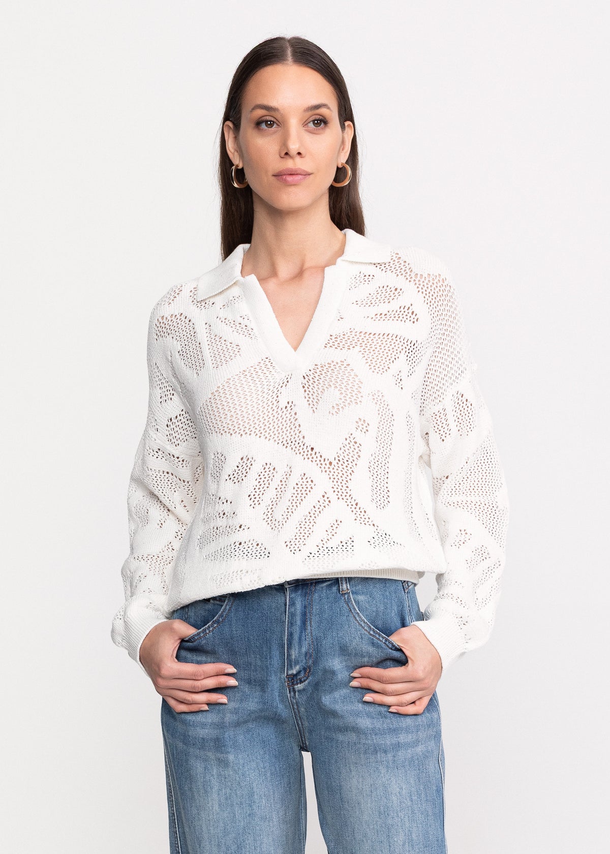 Openwork Textured Polo Sweater