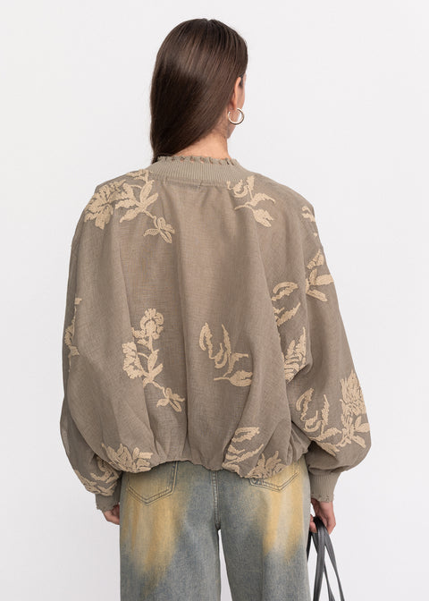 Jacheta bomber cu broderii florale bej