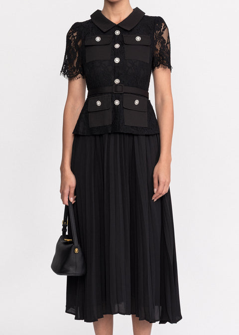 Rochie midi din dantela cu guler clasic si maneci scurte