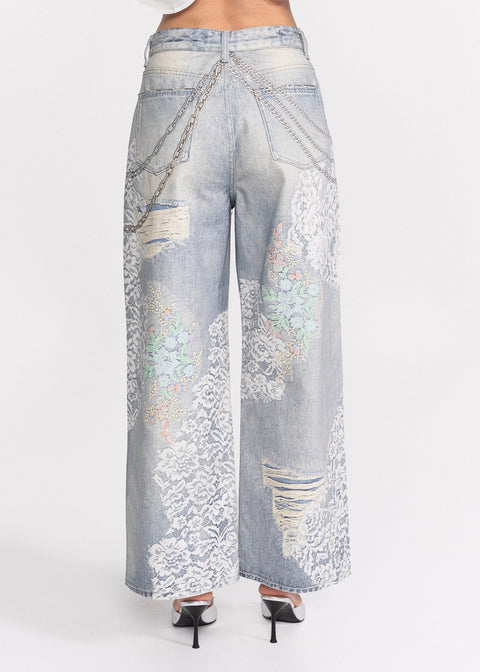 Blugi wide leg cu dantela imprimata