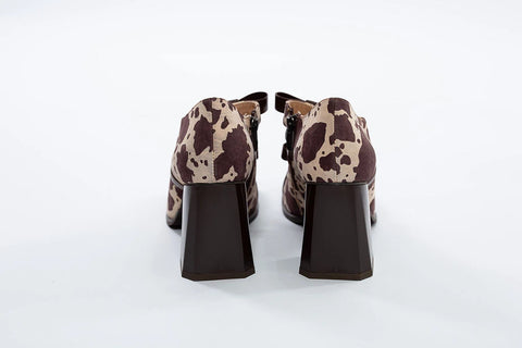 Pantofi din piele cu model animal print, baretă dublă și toc gros
