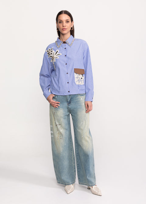 Shirt with Crystal Embellishments and Floral Embroidery