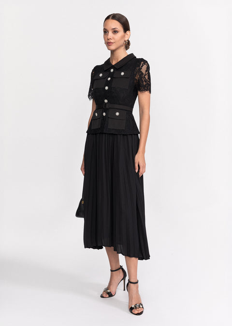 Rochie midi din dantela cu guler clasic si maneci scurte