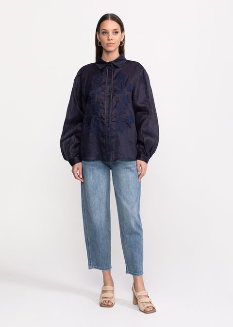 Elegant Linen Shirt with Embroidered Floral Details