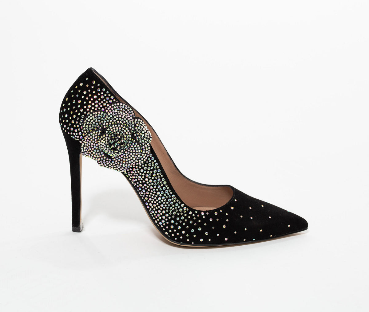 Pantofi din piele intoarsa cu trandafir brodat cu cristale multicolor