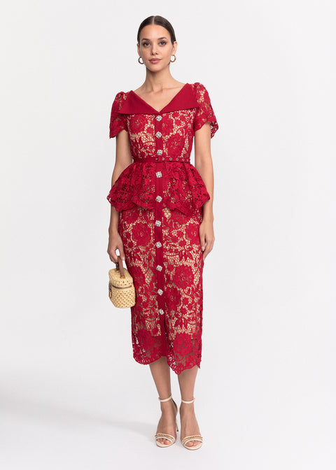 Rochie Midi din dantela cu volane stil peplum