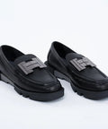 Loafers damă, din piele cu accesoriu din metal,negri