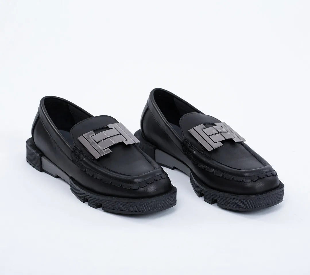 Loafers damă, din piele cu accesoriu din metal,negri