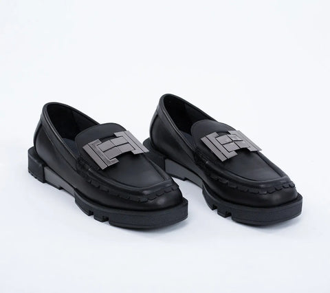 Loafers damă, din piele cu accesoriu din metal,negri