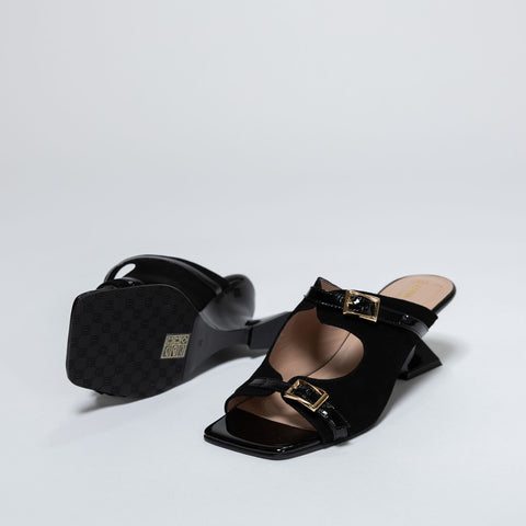 Heeled Mules with Gold Buckles
