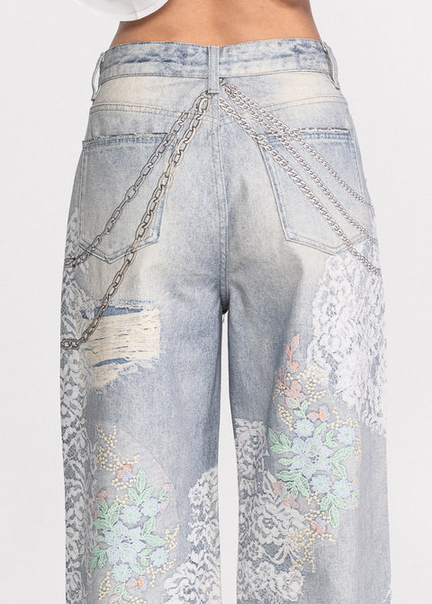 Blugi wide leg cu dantela imprimata