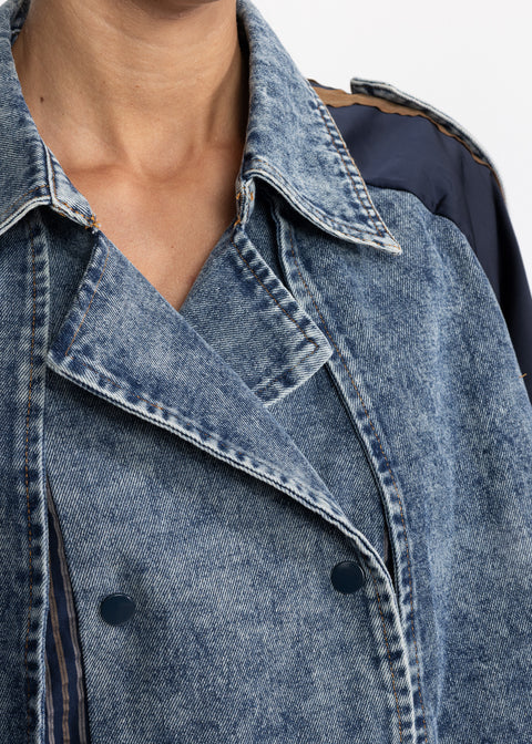 Geaca scurta denim cu maneci contrastante