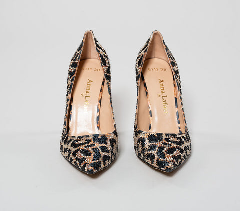 Pantofi din piele leopard cu cristale negre și argintii