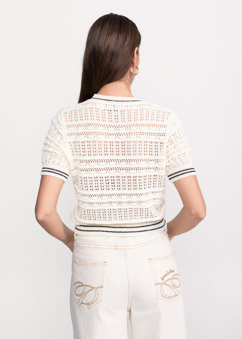 Open-Knit Short-Sleeve Top with Logo