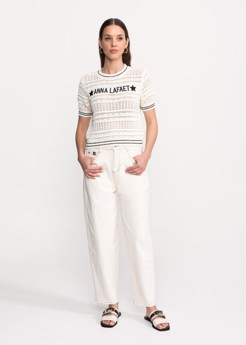 Open-Knit Short-Sleeve Top with Logo