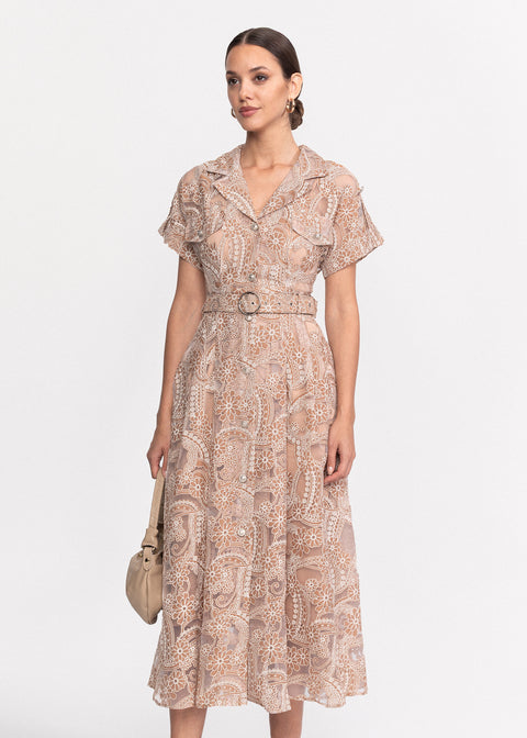 Rochie Midi cu broderie si maneci scurte