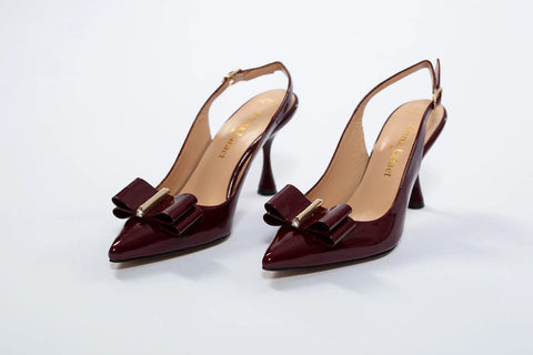 Pantofi maro din lac cu fundă decorativă și toc gros de 8 cm – eleganță retro AnnaLaFaet
