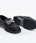 Loafers damă, din piele cu accesoriu din metal,negri