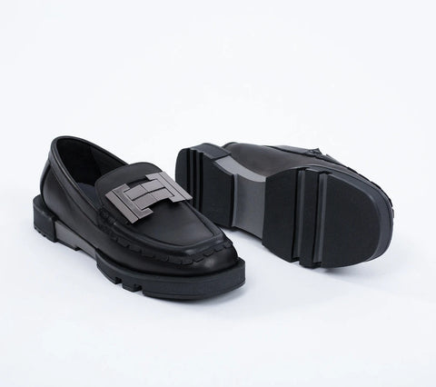Loafers damă, din piele cu accesoriu din metal,negri