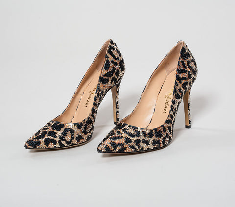 Pantofi din piele leopard cu cristale negre și argintii
