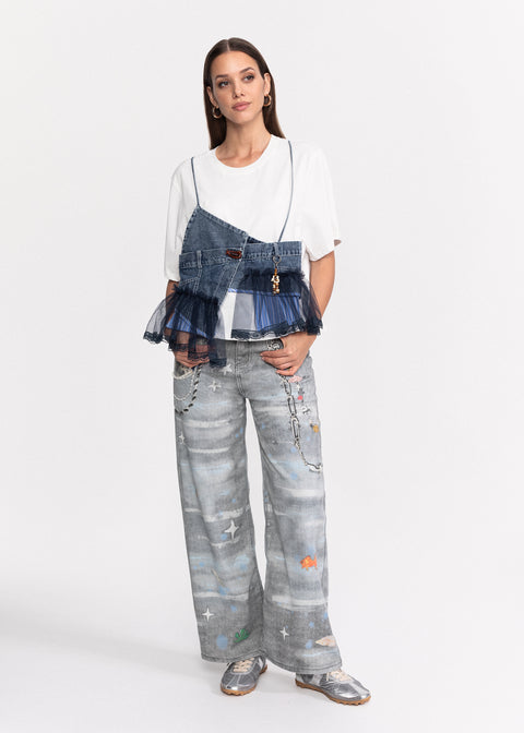 Tricou din bumbac cu detalii denim si accesorii