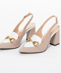 Pantofi din piele naturală nud cu alb accesoriu metal