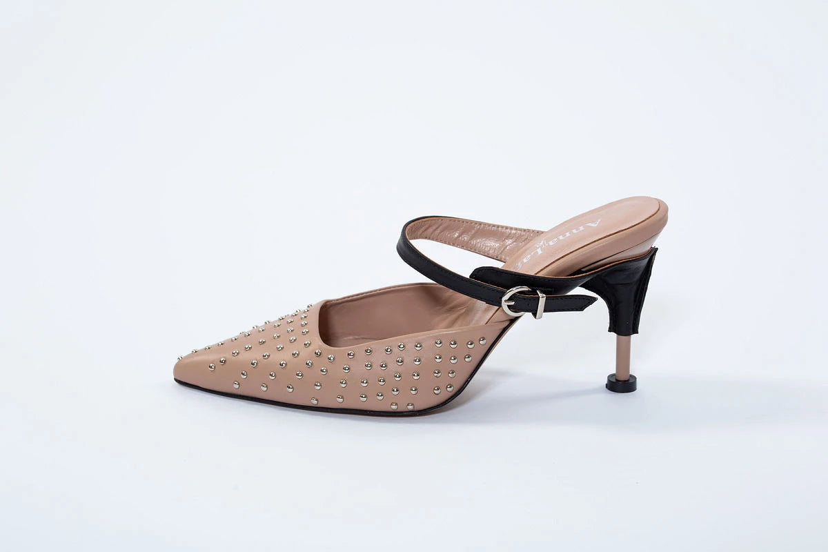 Pantofi Mule nude cu toc 7 cm Annalafaet din piele naturală și aplicații metalice