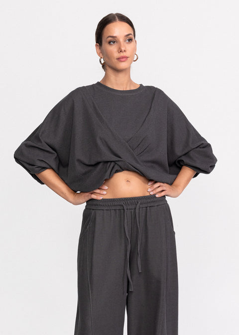 Bluza casual din bumbac cu suprapunere frontala