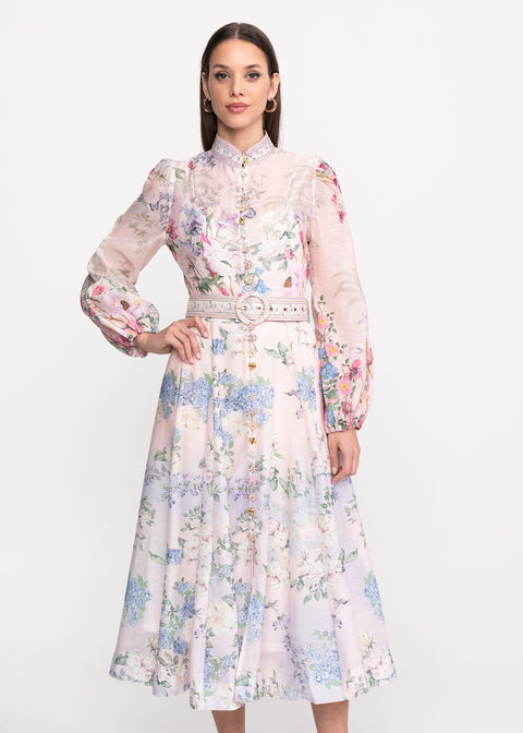 Rochie Midi cu imprimeu floral si curea in talie