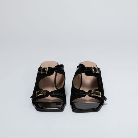Heeled Mules with Gold Buckles