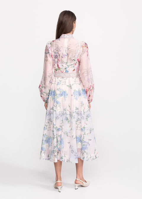 Rochie Midi cu imprimeu floral si curea in talie