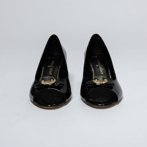 Patent Leather Pumps with Block Heel and Jewel Detail