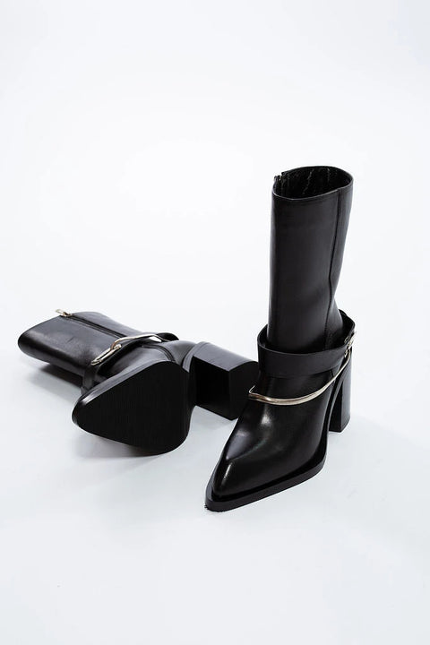 Ghete negre din piele naturală cu toc gros și accesoriu metalic