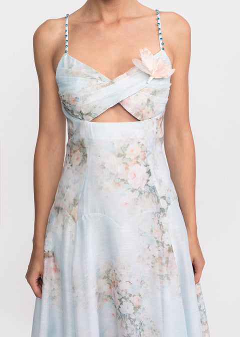 Rochie Midi cu imprimeu floral, decupaj in zona taliei si bretele subtiri
