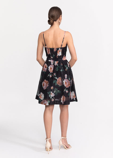 Rochie Scurta cu imprimeu floral, bretele subtiri si cordon pentru talie