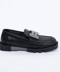 Loafers damă, din piele cu accesoriu din metal,negri