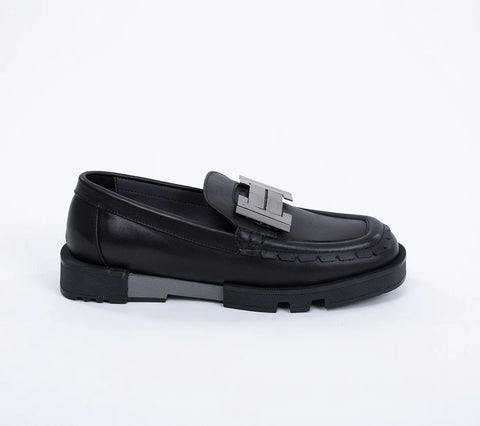 Loafers damă, din piele cu accesoriu din metal,negri