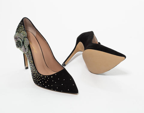 Pantofi din piele intoarsa cu trandafir brodat cu cristale multicolor