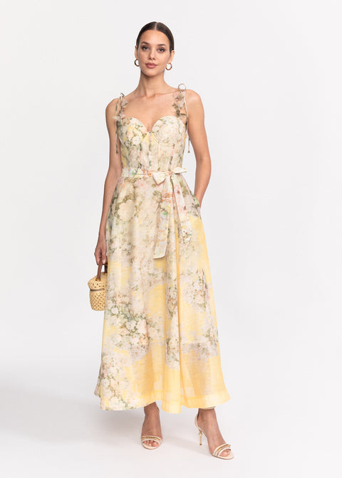 Rochie Midi cu imprimeu floral, bretele subtiri si cordon in talie